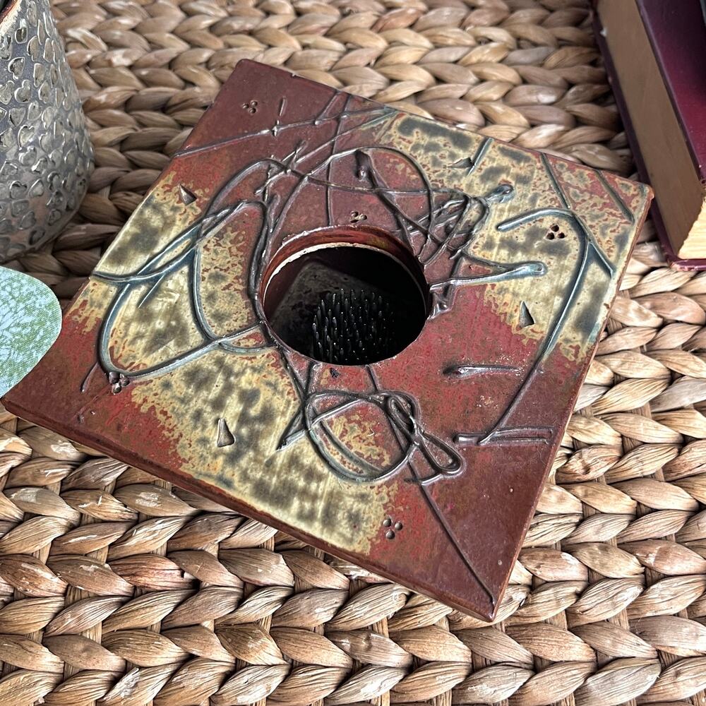 Vintage Square Pottery Ikebana Vase Metal Pin Flower Frog Abstract Textures